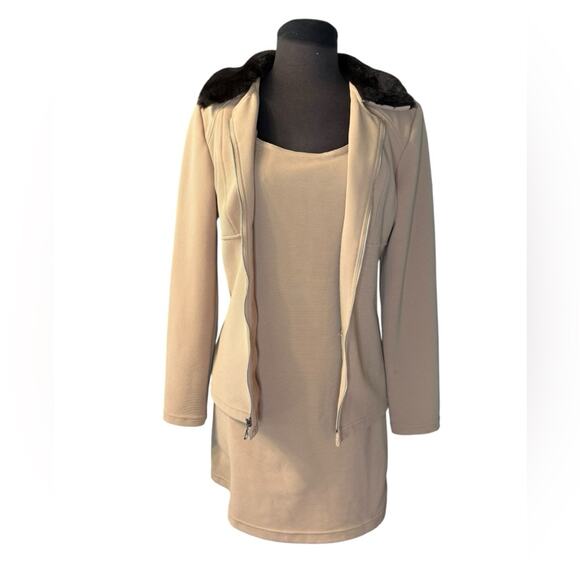 Y2K Fur Collar Ribbed Stretch Knit Dress Jacket Coord Set Size S Mob Wife Glam - Picture 2 of 9